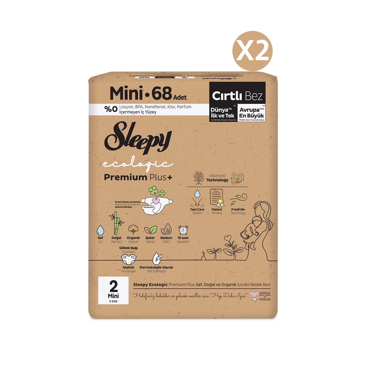 Sleepy Ecologic Premium Plus Süper Paket Bebek Bezi 2 Numara Mini 136 Adet