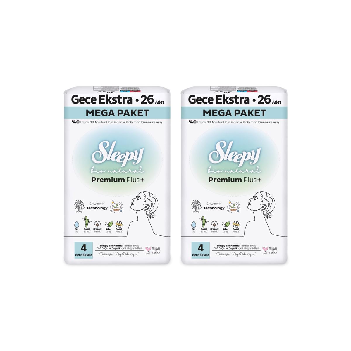 Sleepy Bio Natural Premium Plus Hijyenik Ped Mega Paket Gece Extra 26x2 (52 Adet) + Cüzdan Hediyeli