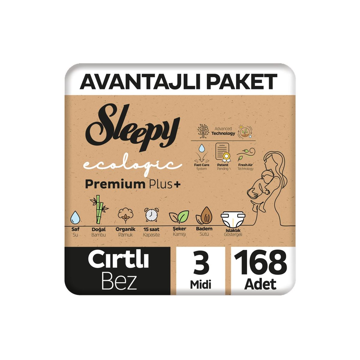 Sleepy Ecologic Premium Plus Avantajlı Paket Bebek Bezi 3 Numara Midi 168 Adet
