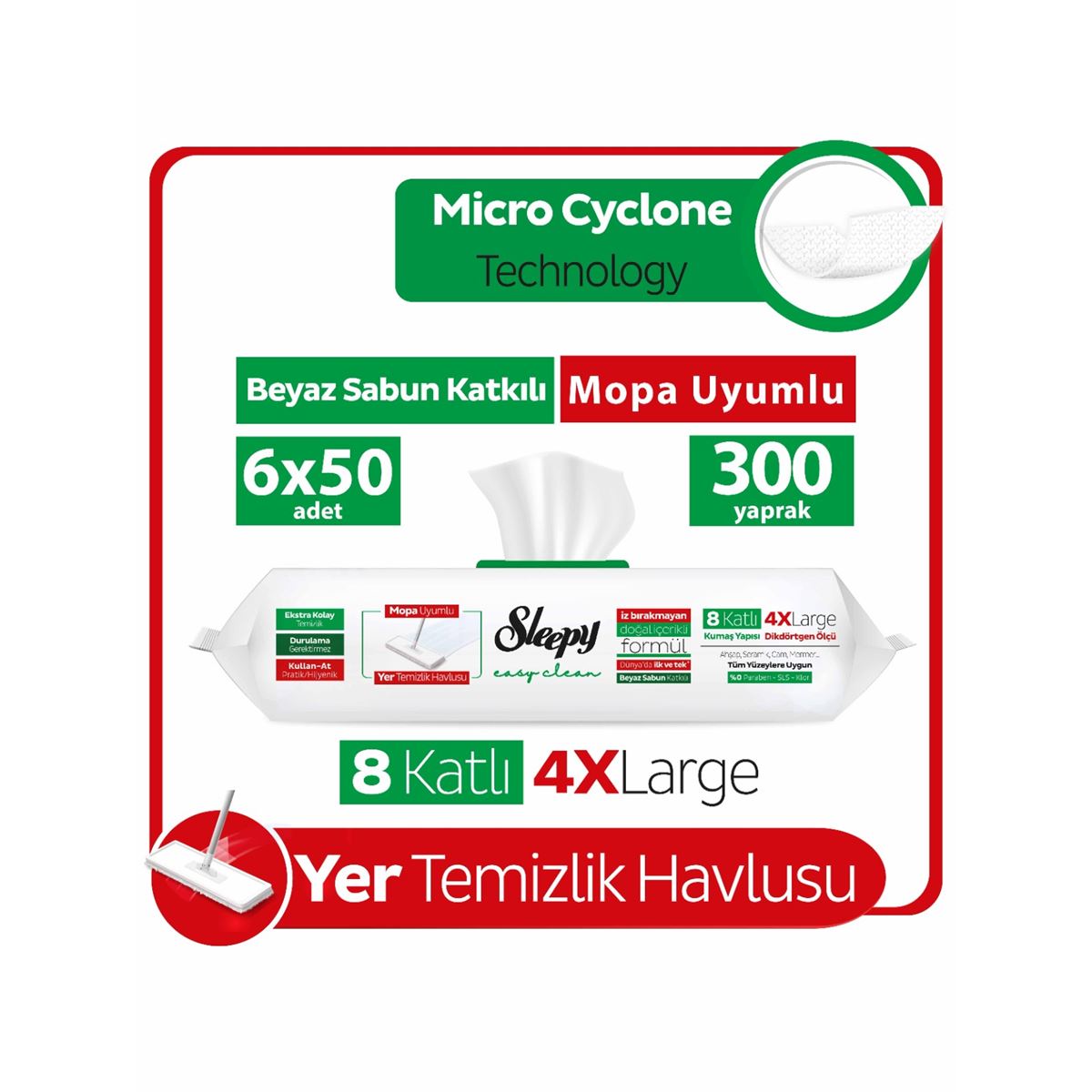 Sleepy Easy Clean Beyaz Sabun Katkılı Mopa Uyumlu Yer Temizlik Havlusu&Mendili 6x50 (300 Yaprak)