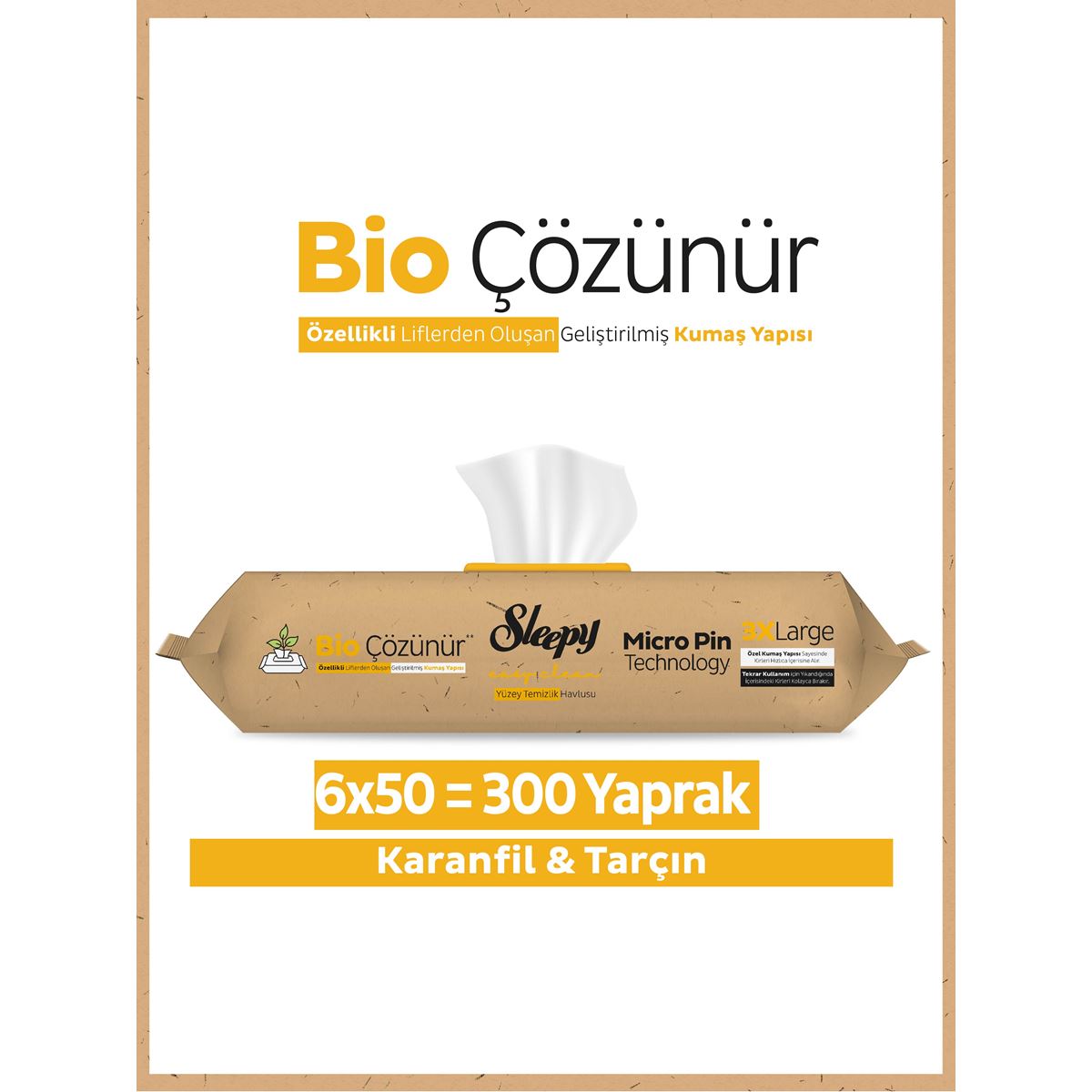 Sleepy Bio Çözünür Yüzey Temizlik Havlusu&Mendili Karanfil&Tarçın 6x50 (300 Yaprak)