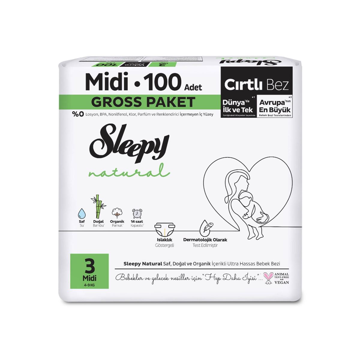 Sleepy Natural Gross Paket Bebek Bezi 3 Numara Midi 100 Adet