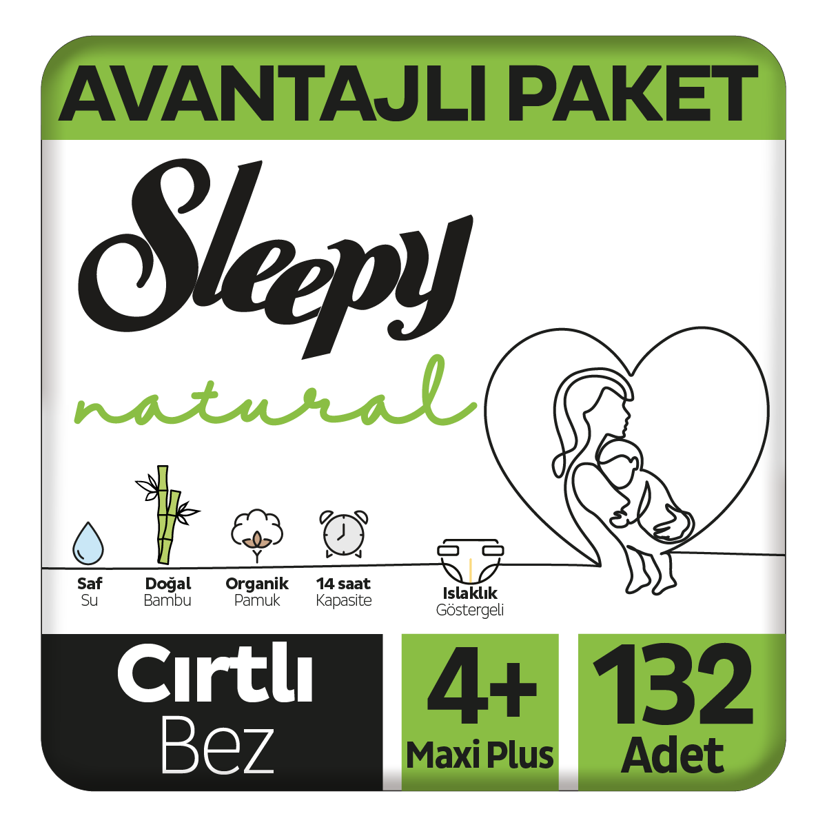 Sleepy Natural Avantajlı Paket Bebek Bezi 4+ Numara Maxi Plus 132 Adet