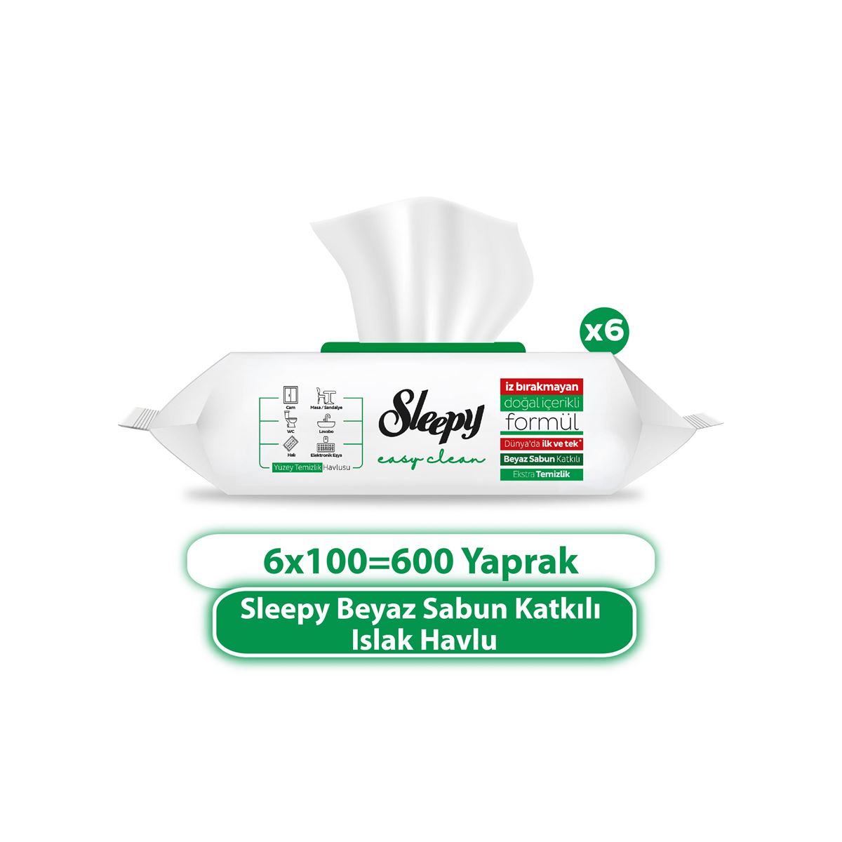 Sleepy Easy Clean Beyaz Sabun Katkılı Yüzey Temizlik Havlusu&Mendili 6x100 (600 Yaprak)