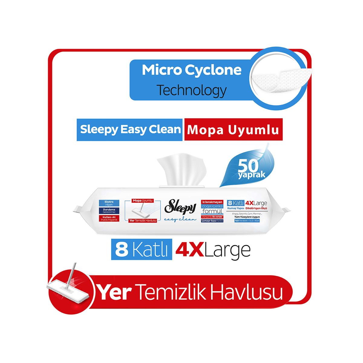 Sleepy Easy Clean Çamaşır Suyu Katkılı Mopa Uyumlu Yer Temizlik Havlusu&Mendili 50 Yaprak