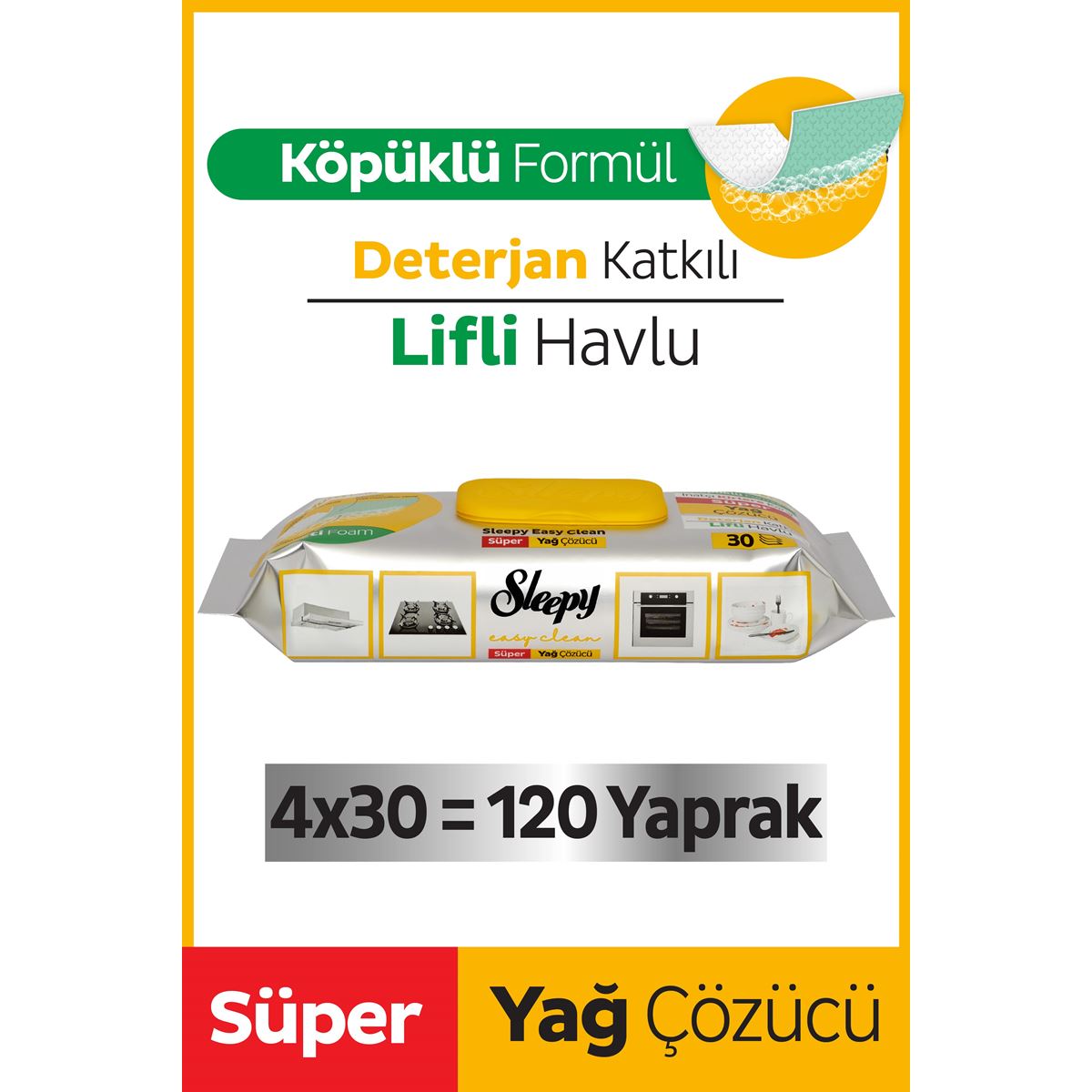 Sleepy Easy Clean Süper Yağ Çözücü Yüzey Temizlik Havlusu&Mendili 4x30 (120 Yaprak)