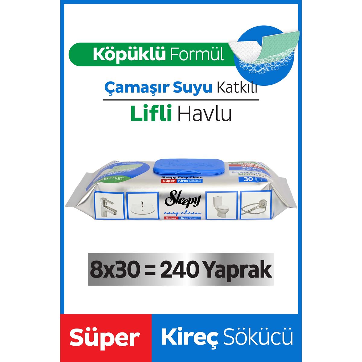 Sleepy Easy Clean Süper Kireç Sökücü Yüzey Temizlik Havlusu&Mendili 8x30 (240 Yaprak)
