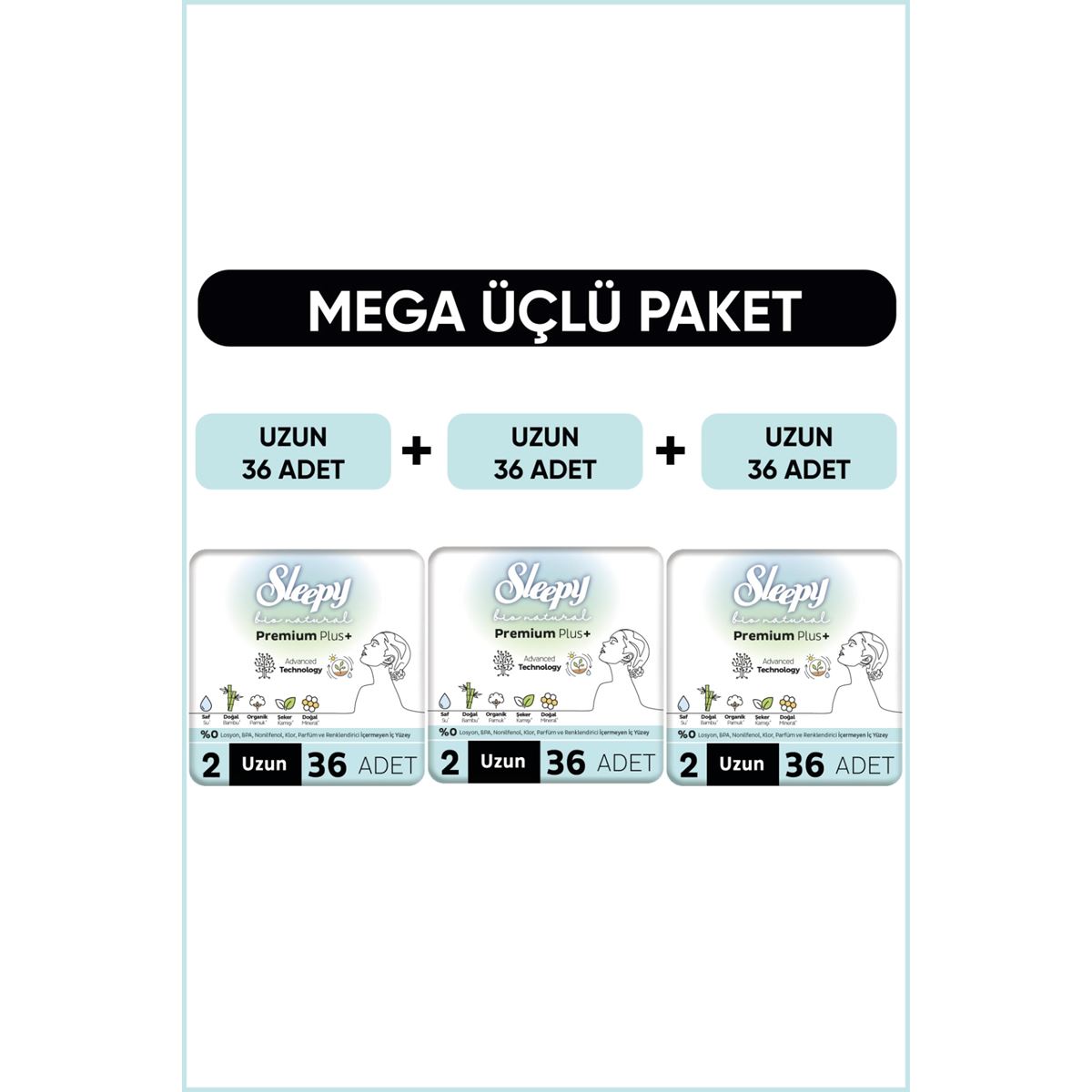 Sleepy Bio Natural Premium Plus Hijyenik Ped Mega Paket Uzun 36x3 (108 Adet)