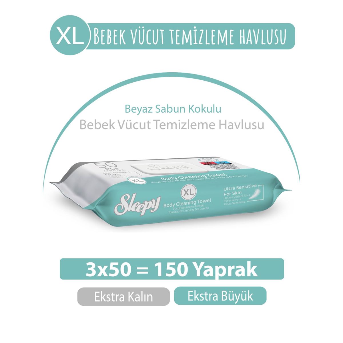 XL Beyaz Sabun Kokulu Bebek Vücut Temizleme Havlusu 3x50 (150 Yaprak)