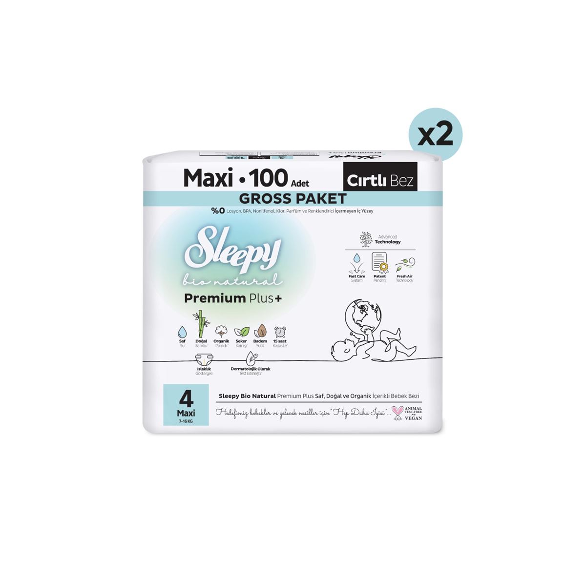 Sleepy Bio Natural Premium Plus Gross Paket Bebek Bezi 4 Numara Maxi 200 Adet