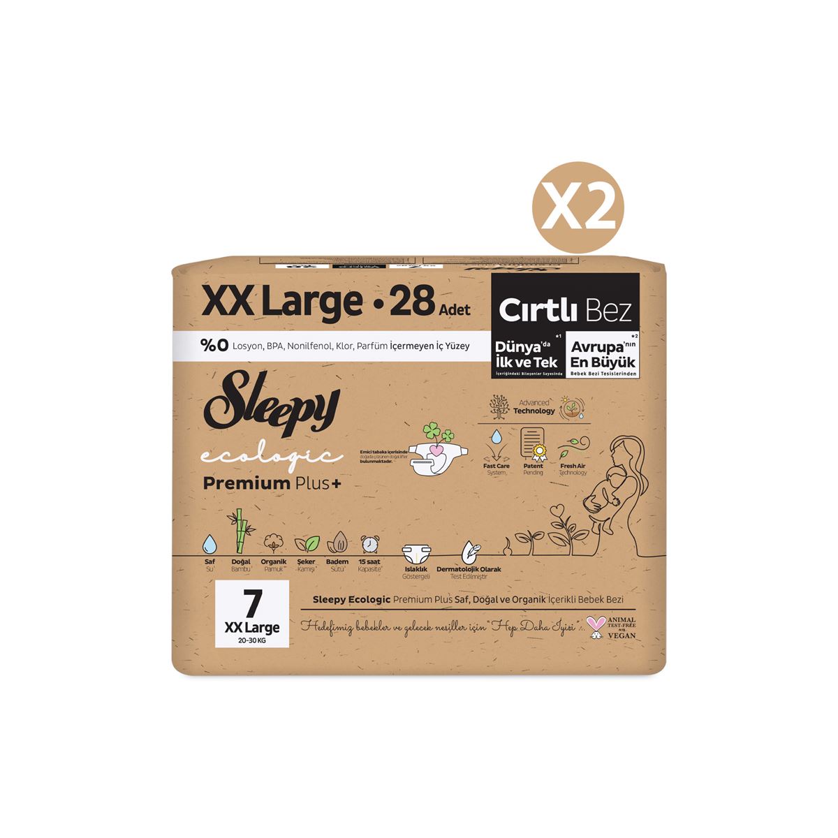 Sleepy Ecologic Premium Plus Süper Paket Bebek Bezi 7 Numara Xxlarge 56 Adet