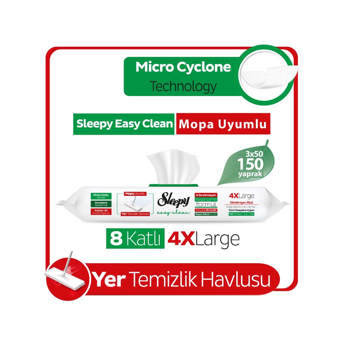 Sleepy Easy Clean Beyaz Sabun Katkılı Mopa Uyumlu Yer Temizlik Havlusu&Mendili 3x50 (150 Yaprak)
