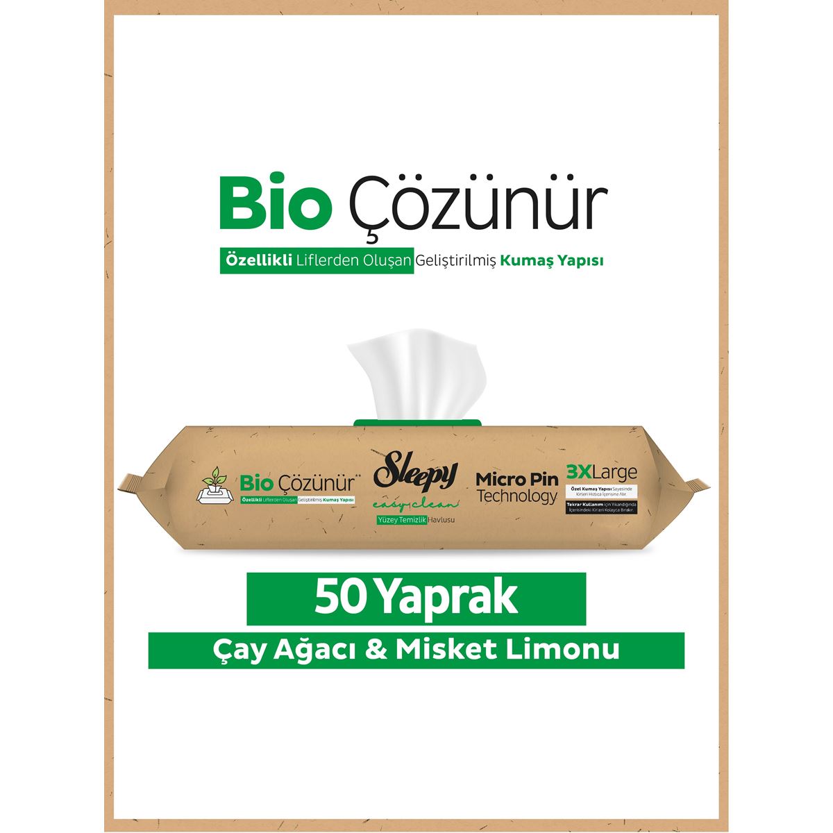 Sleepy Bio Çözünür Yüzey Temizlik Havlusu&Mendili Çay Ağacı&Misket Limonu 50 Yaprak