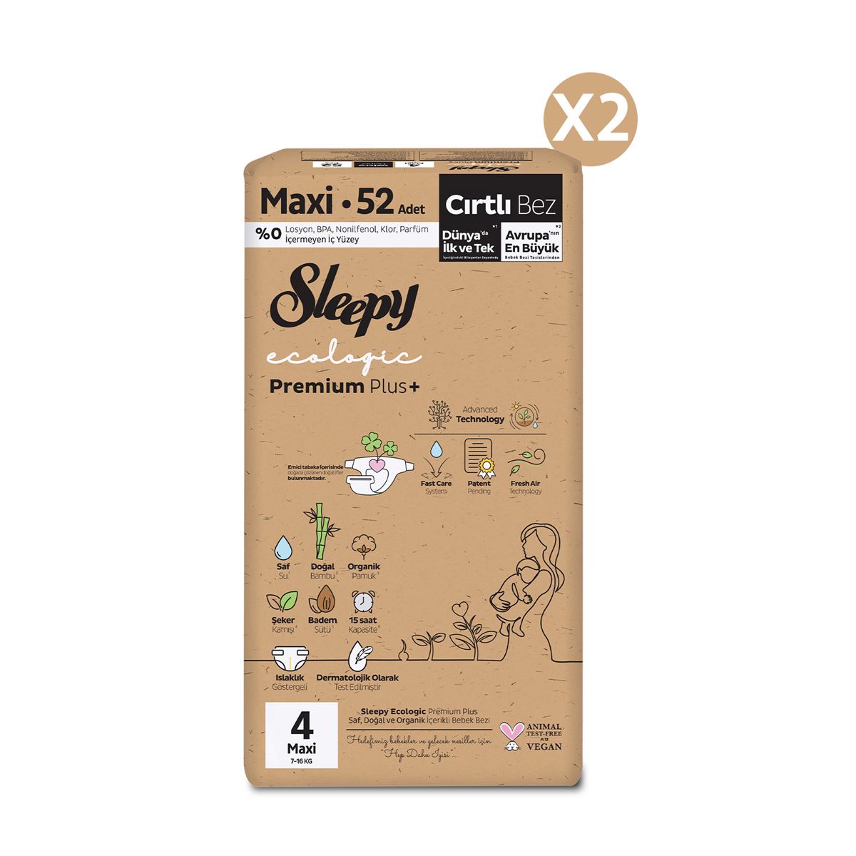 Sleepy Ecologic Premium Plus Süper Paket Bebek Bezi 4 Numara Maxi 104 Adet