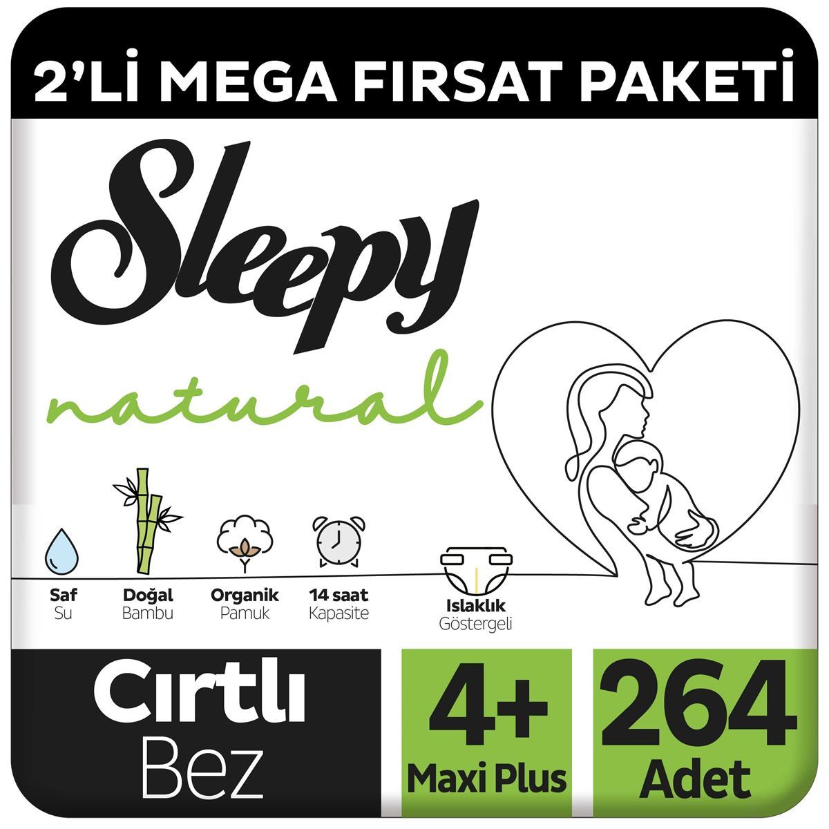 Sleepy Natural 2'li Mega Fırsat Paketi Bebek Bezi 4+ Numara Maxi Plus 264 Adet
