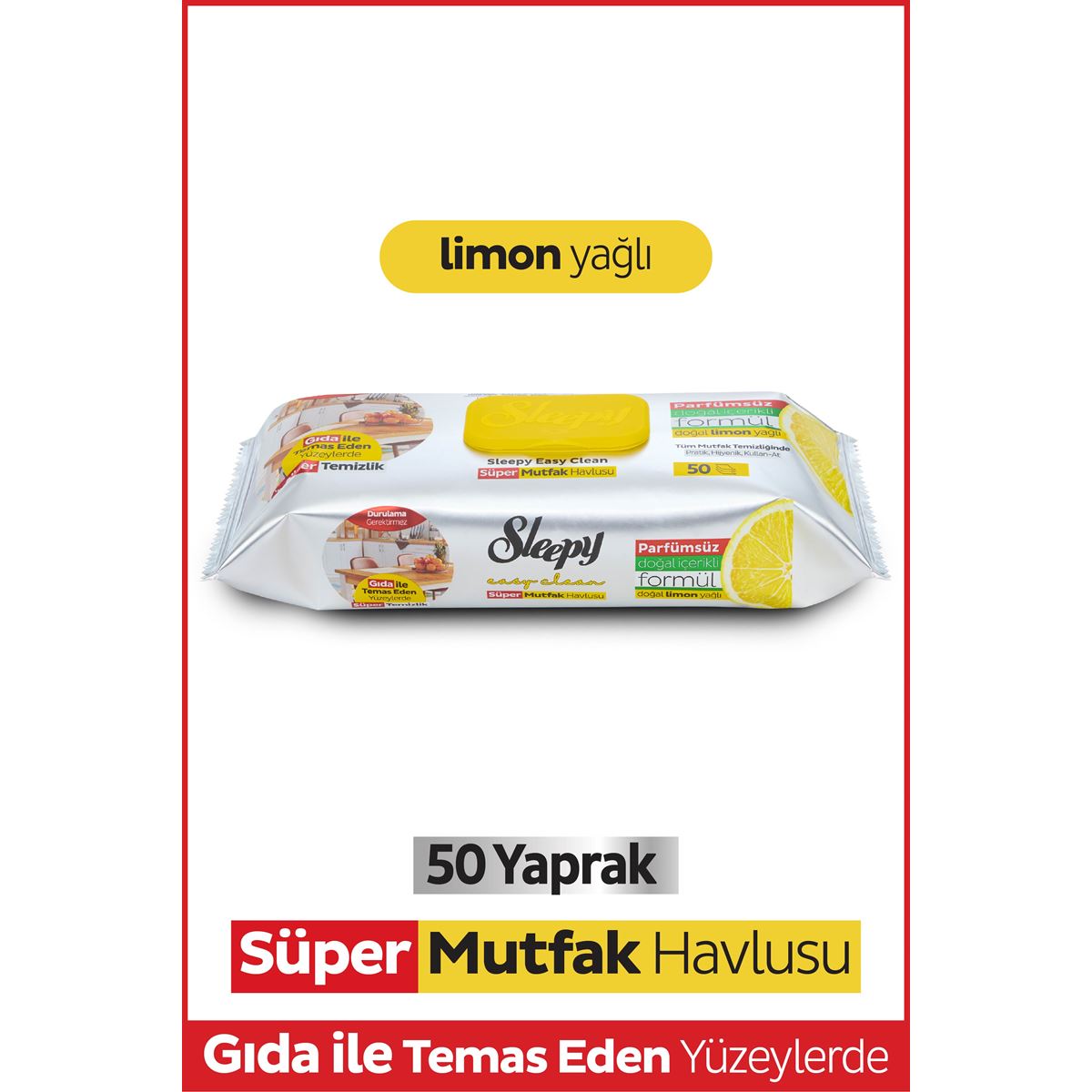 Sleepy Easy Clean Süper Yüzey Temizlik Mutfak Havlusu&Mendili Limon Yağlı 50 Yaprak
