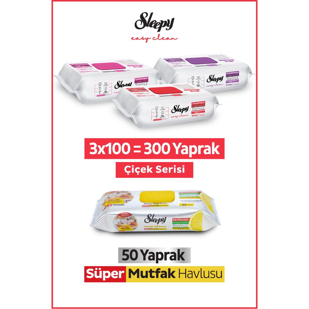 Sleepy Easy Clean Çiçek Serisi&Limon Yağlı Süper Mutfak Yüzey Temizlik Havlusu&Mendili(3x100+50)