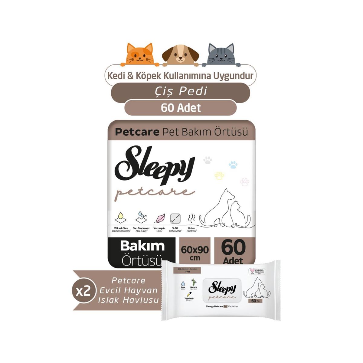 Sleepy Petcare Pet Bakım Örtüsü 60x90 cm 2X30 (60 Adet) + 2X60 Evcil Hayvan Islak Havlusu