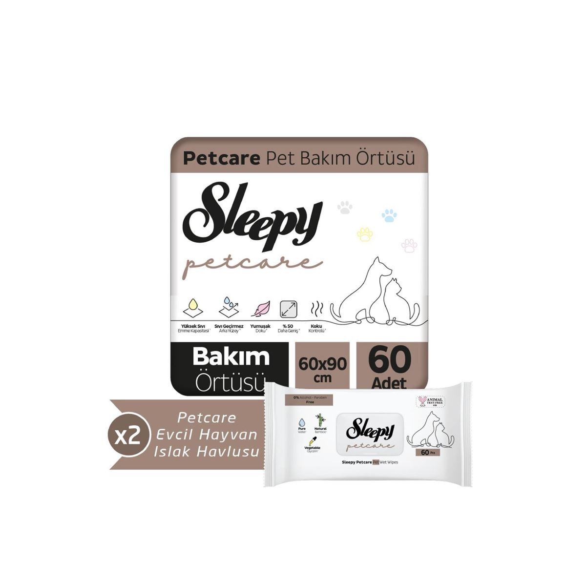 Sleepy Petcare Pet Bakım Örtüsü 60x90 cm 2X30 (60 Adet) + 2X60 Evcil Hayvan Islak Havlusu