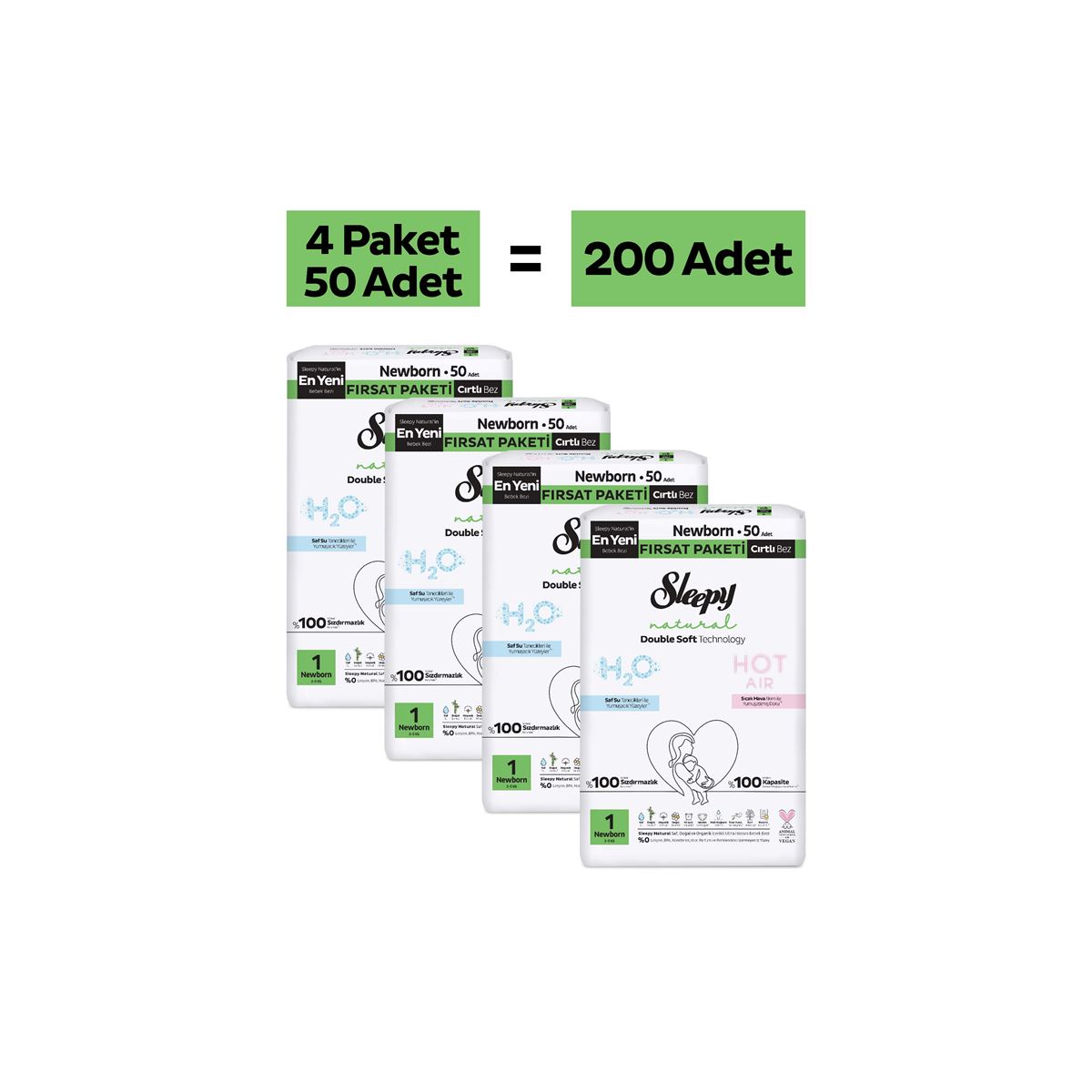 Sleepy Natural Double Soft Fırsat Paketi Bebek Bezi 1 Numara Newborn 200 Adet