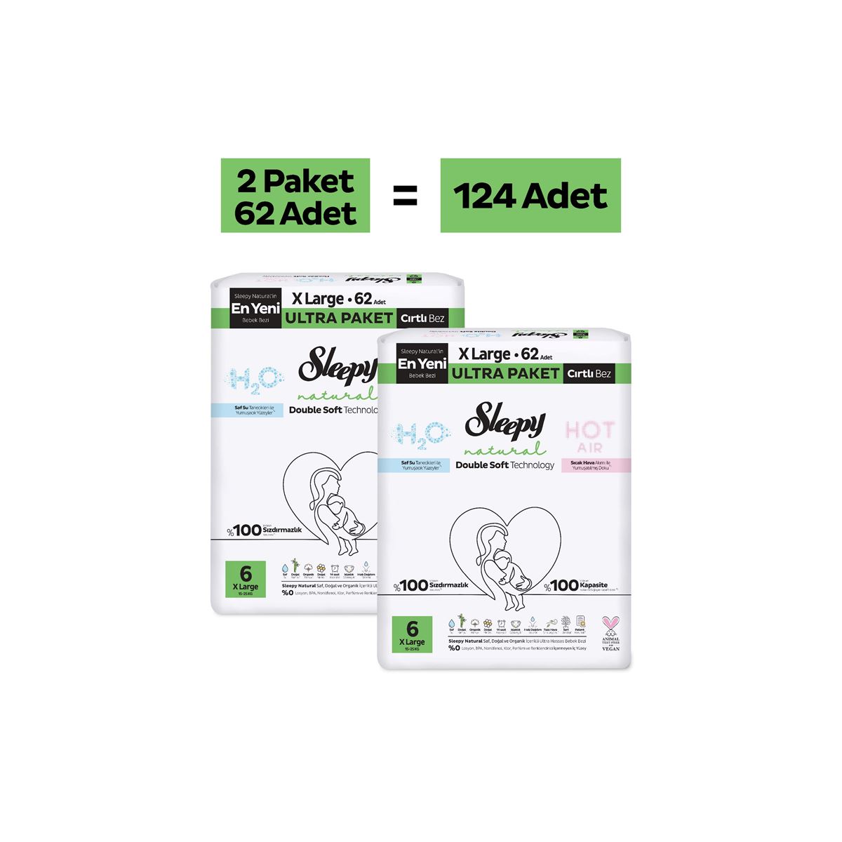 Sleepy Natural Double Soft Ultra Paket Bebek Bezi 6 Numara Xlarge 124 Adet