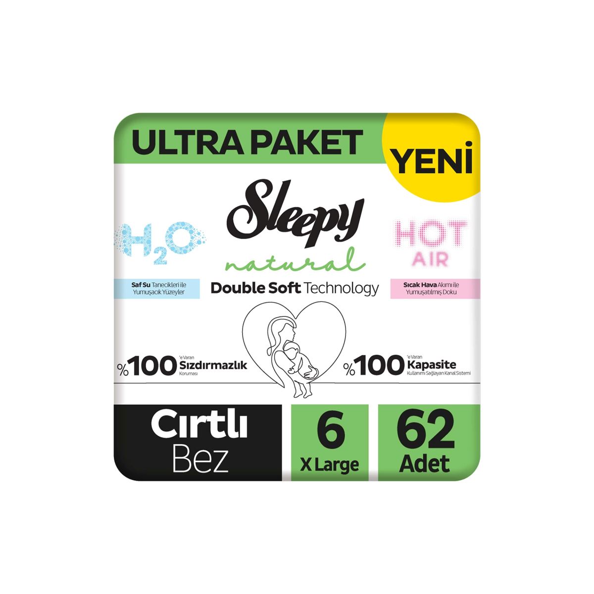 Sleepy Natural Double Soft Ultra Paket Bebek Bezi 6 Numara Xlarge 62 Adet