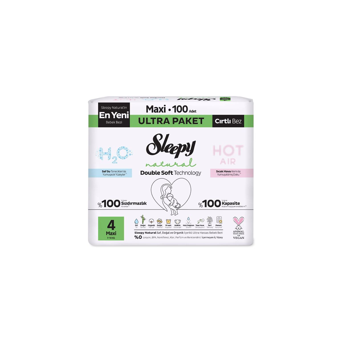 Sleepy Natural Double Soft Ultra Paket Bebek Bezi 4 Numara Maxi 100 Adet