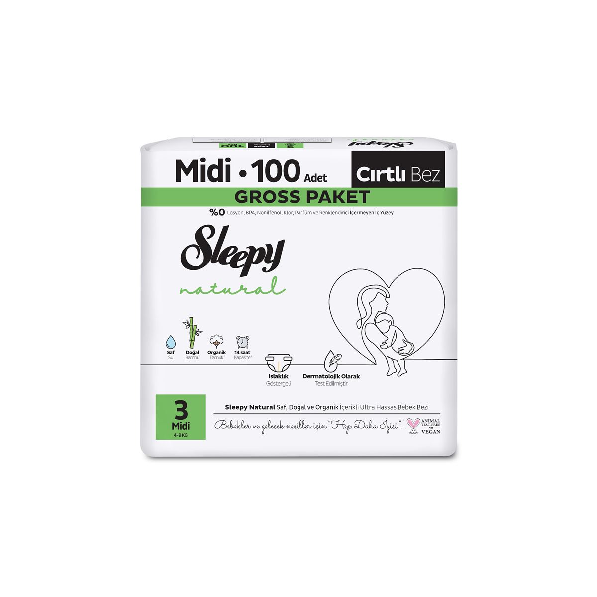 Sleepy Natural Gross Paket Bebek Bezi 3 Numara Midi 100 Adet