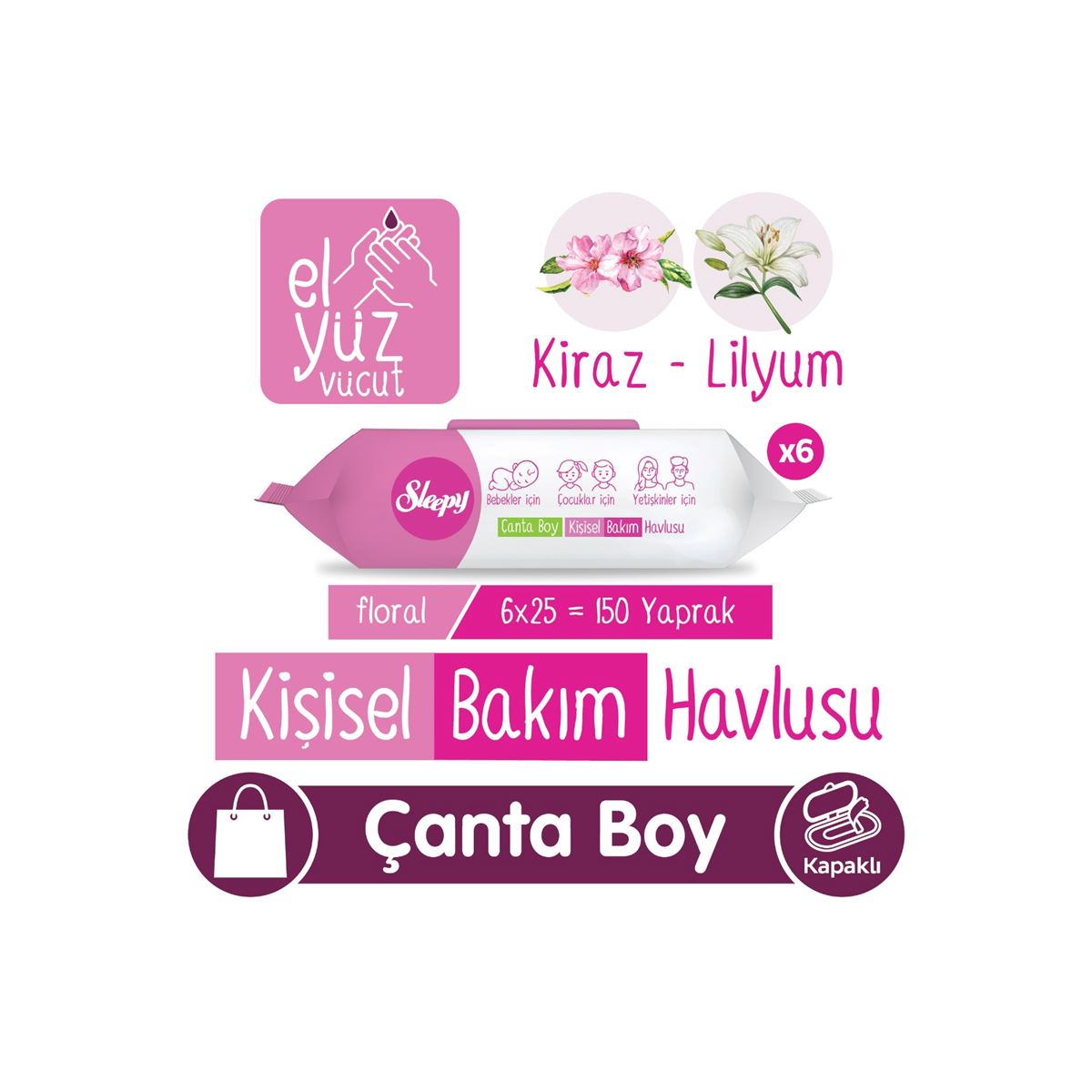 Sleepy Floral Kişisel Bakım Havlusu Çanta Boy 6x25 (150 Yaprak)