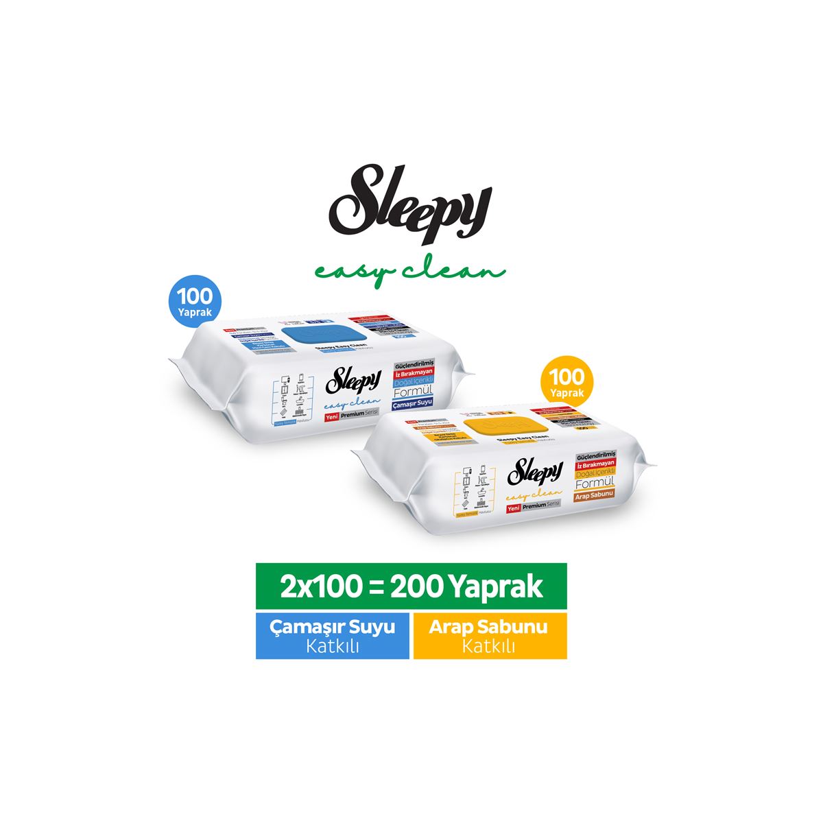 Sleepy Easy Clean Arap Sabunu + Çamaşır Suyu Katkılı Yüzey Temizlik Havlusu&Mendili (200 Yaprak)