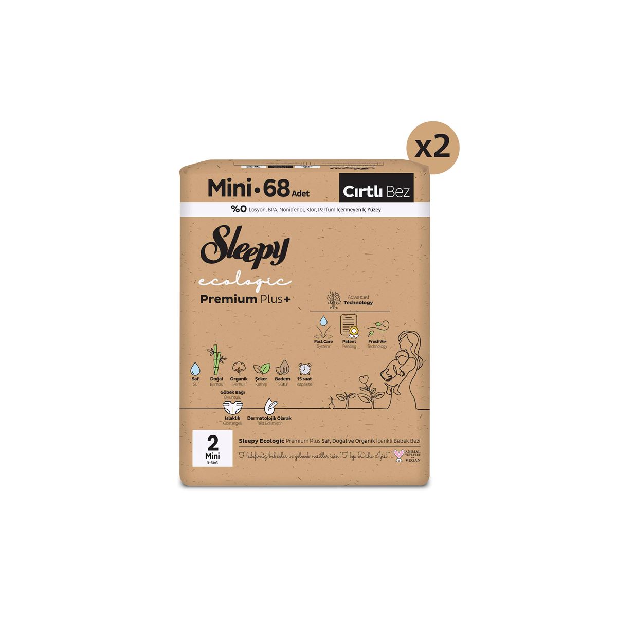 Sleepy Ecologic Premium Plus Süper Paket Bebek Bezi 2 Numara Mini 136 Adet
