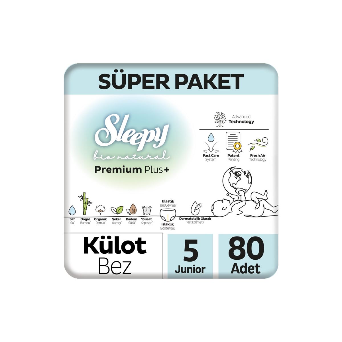 Sleepy Bio Natural Premium Plus Süper Paket Külot Bez 5 Numara Junior 80 Adet