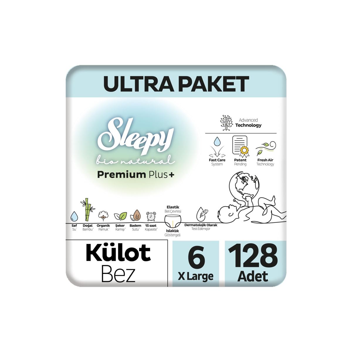Sleepy Bio Natural Premium Plus Ultra Paket Külot Bez 6 Numara Xlarge 128 Adet