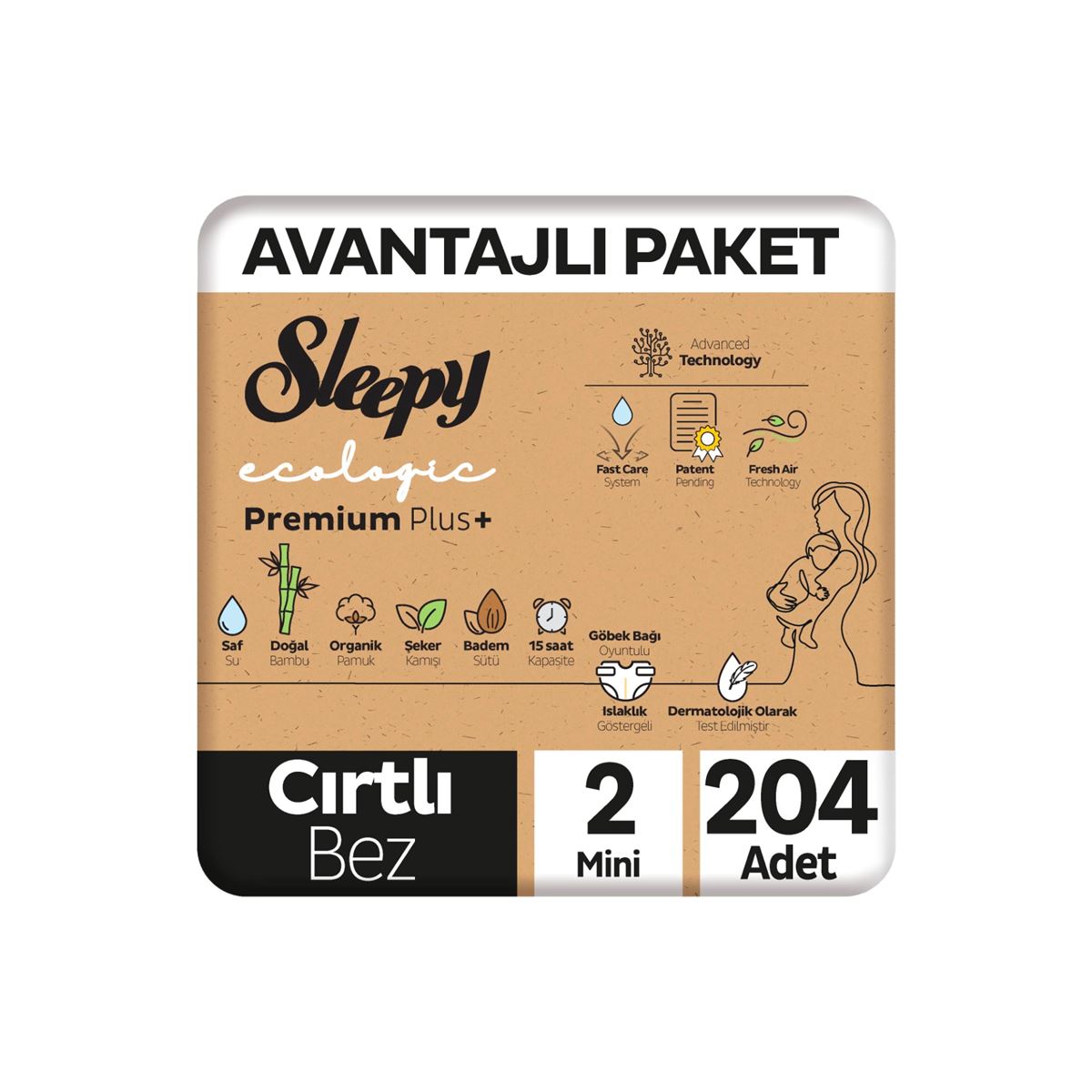Sleepy Ecologic Premium Plus Avantajlı Paket Bebek Bezi 2 Numara Mini 204 Adet
