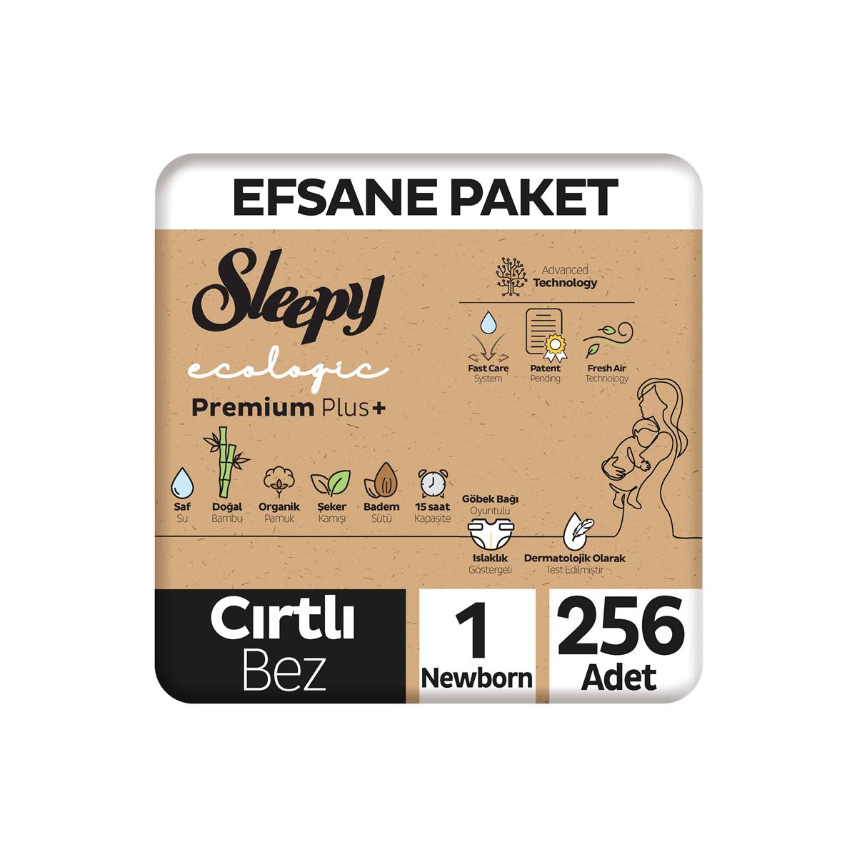 Sleepy Ecologic Premium Plus Efsane Paket Bebek Bezi 1 Numara Yenidoğan 256 Adet