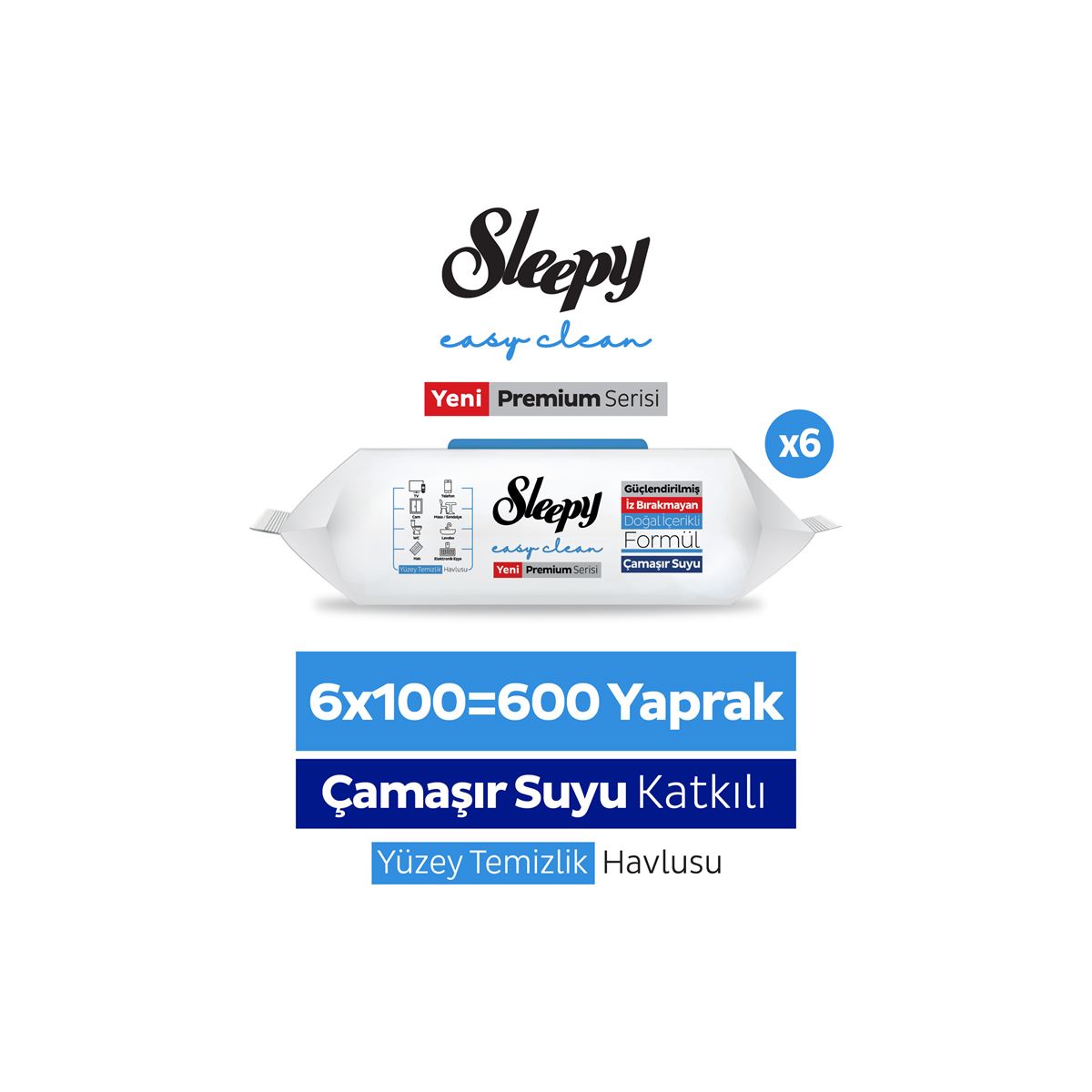 Sleepy Easy Clean Premium Çamaşır Suyu Katkılı Yüzey Temizlik Havlusu Mendili 6x100 (600 Yaprak)