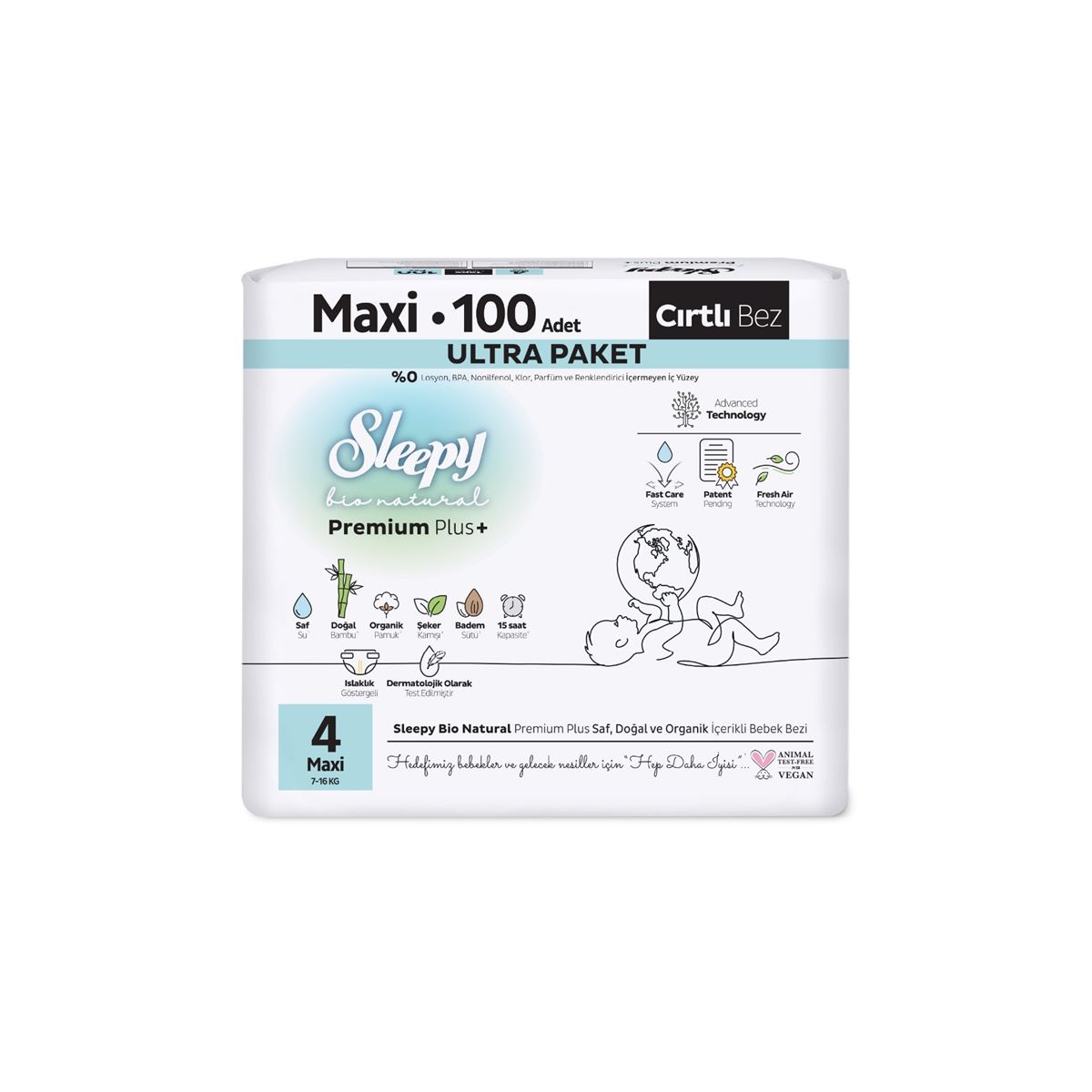 Sleepy Bio Natural Premium Plus Ultra Paket Bebek Bezi 4 Numara Maxi 100 Adet