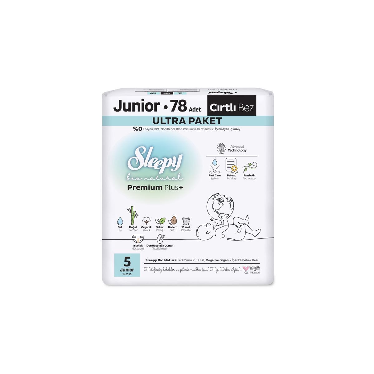 Sleepy Bio Natural Premium Plus Ultra Paket Bebek Bezi 5 Numara Junior 78 Adet