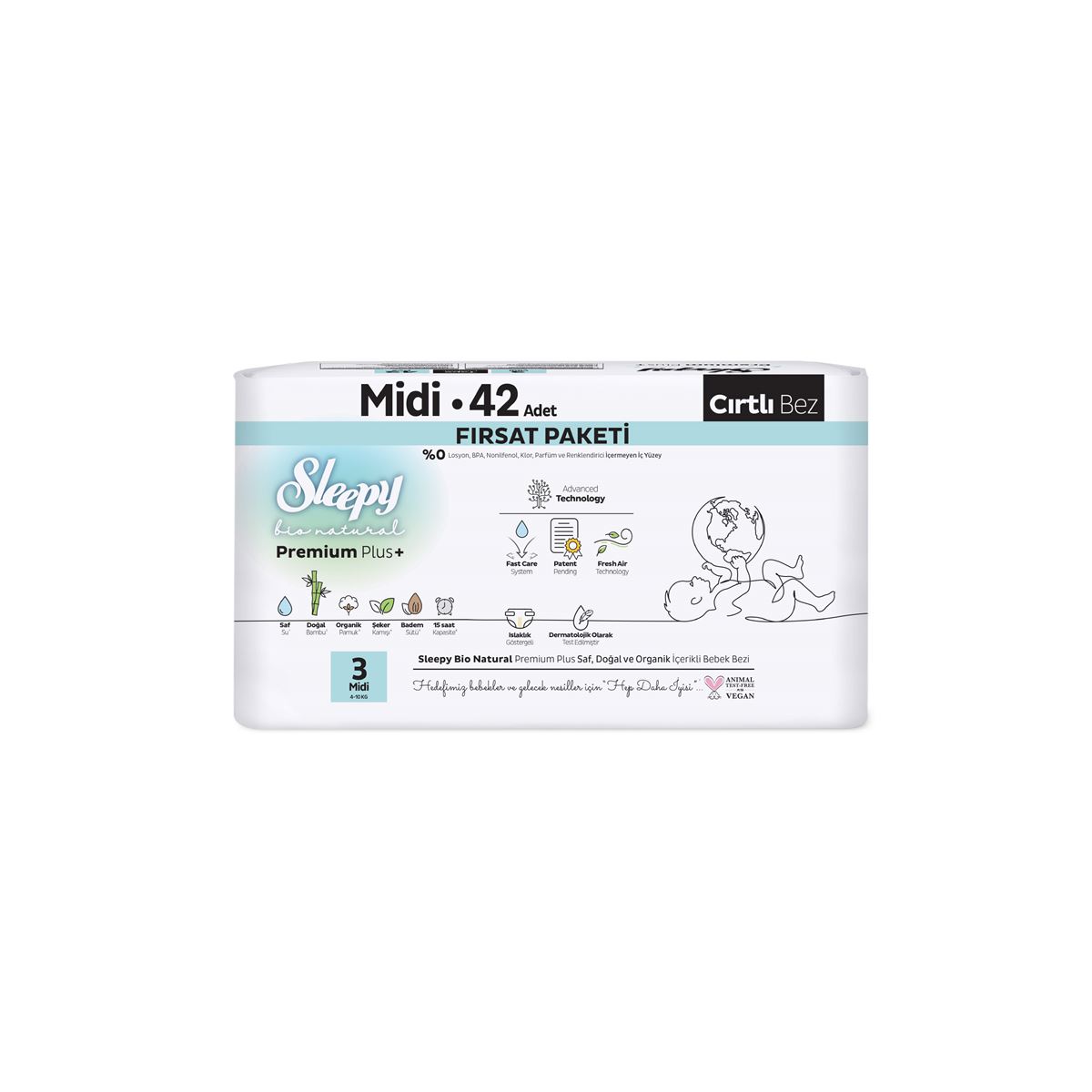 Sleepy Bio Natural Premium Plus Fırsat Paketi Bebek Bezi 3 Numara Midi 42 Adet