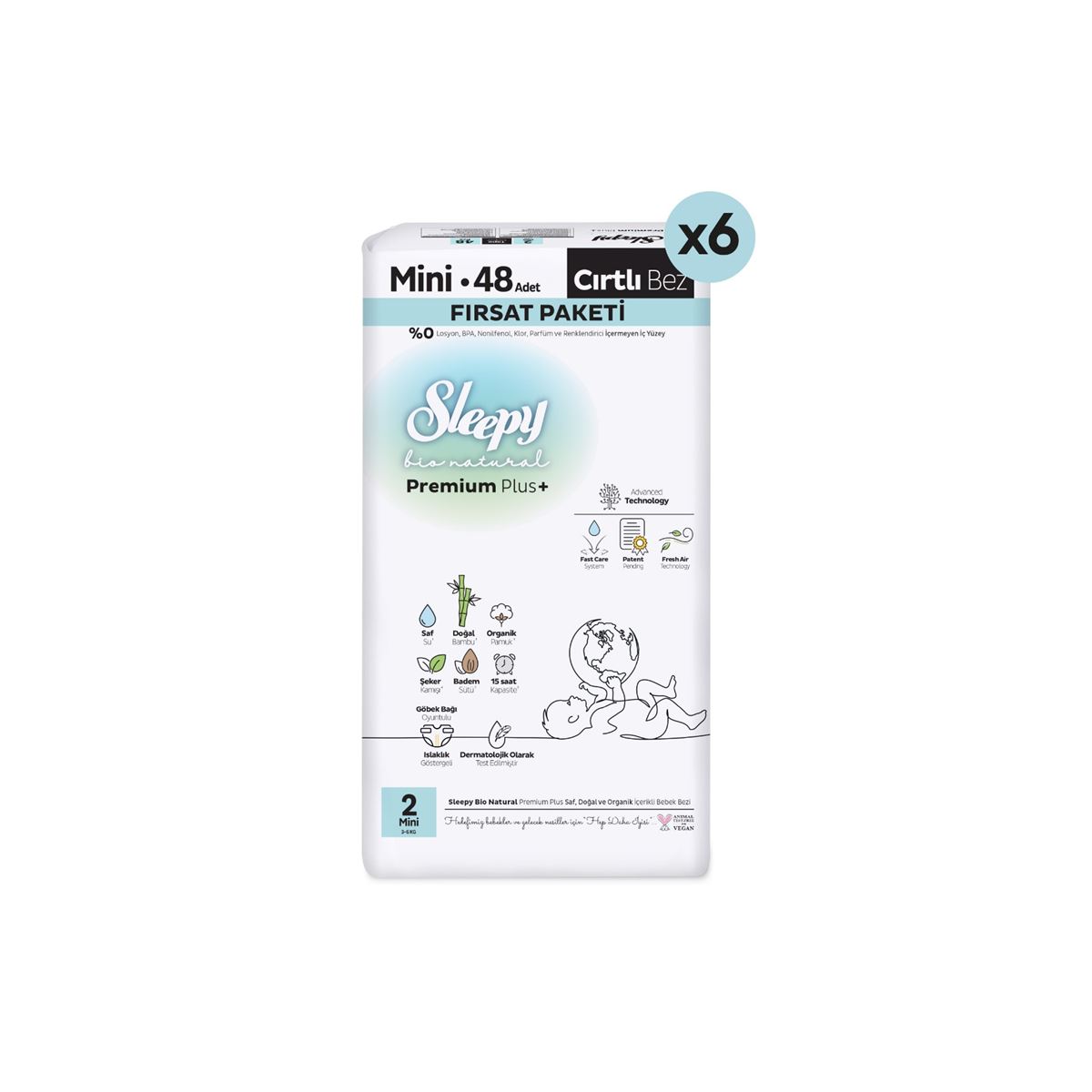 Sleepy Bio Natural Premium Plus Fırsat Paketi Bebek Bezi 2 Numara Mini 288 Adet