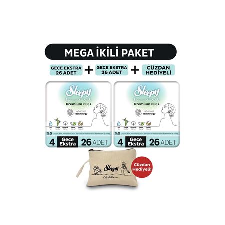 Sleepy Bio Natural Premium Plus Hijyenik Ped Mega Paket Gece Extra 26x2 (52 Adet) + Cüzdan Hediyeli