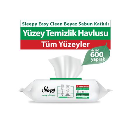 Sleepy Easy Clean Beyaz Sabun Katkılı Yüzey Temizlik Havlusu&Mendili 6x100 (600 Yaprak)