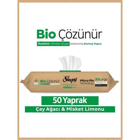 Sleepy Bio Çözünür Yüzey Temizlik Havlusu&Mendili Çay Ağacı&Misket Limonu 50 Yaprak