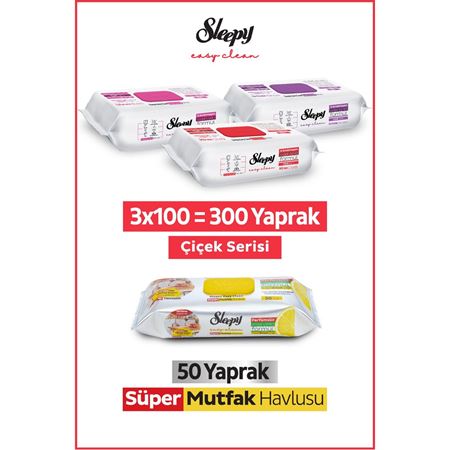 Sleepy Easy Clean Çiçek Serisi&Limon Yağlı Süper Mutfak Yüzey Temizlik Havlusu&Mendili(3x100+50)