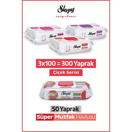 Sleepy Easy Clean Çiçek Serisi&Greyfurt Yağlı Süper Mutfak Yüzey Temizlik Havlusu&Mendili(3x100+50)