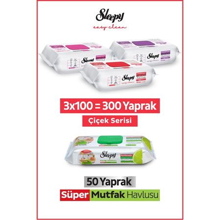 Sleepy Easy Clean Çiçek Serisi&Bergamot Yağlı Süper Mutfak Yüzey Temizlik Havlusu&Mendili(3x100+50)