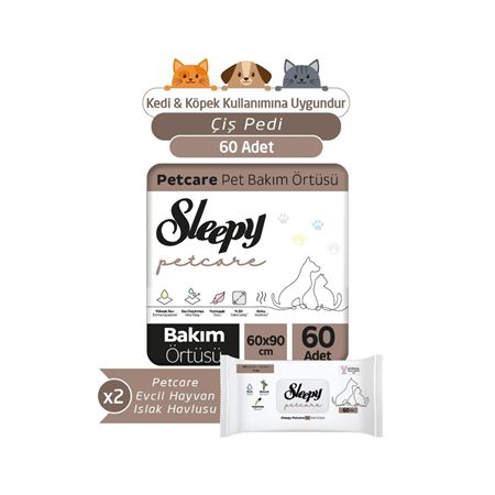 Sleepy Petcare Pet Bakım Örtüsü 60x90 cm 2X30 (60 Adet) + 2X60 Evcil Hayvan Islak Havlusu