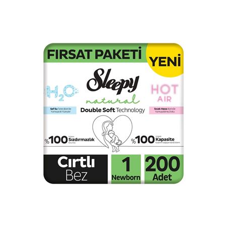 Sleepy Natural Double Soft Fırsat Paketi Bebek Bezi 1 Numara Newborn 200 Adet
