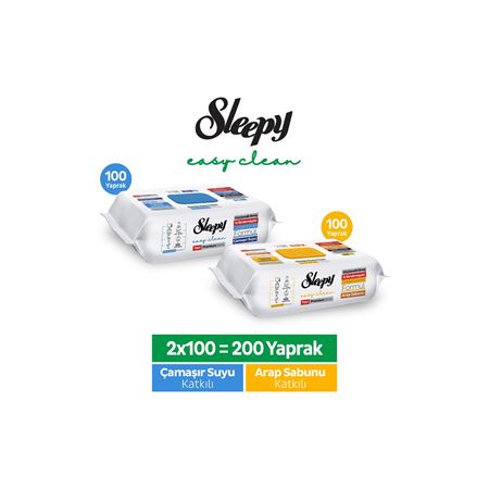 Sleepy Easy Clean Premium Arap Sabunu + Çamaşır Suyu Katkılı Yüzey Temizlik Havlusu Mendili 100+100(200 Yaprak)