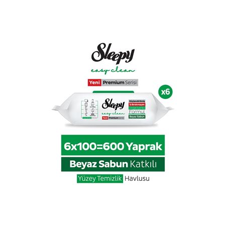 Sleepy Easy Clean Premium Beyaz Sabun Katkılı Yüzey Temizlik Havlusu Mendili 6x100 (600 Yaprak)